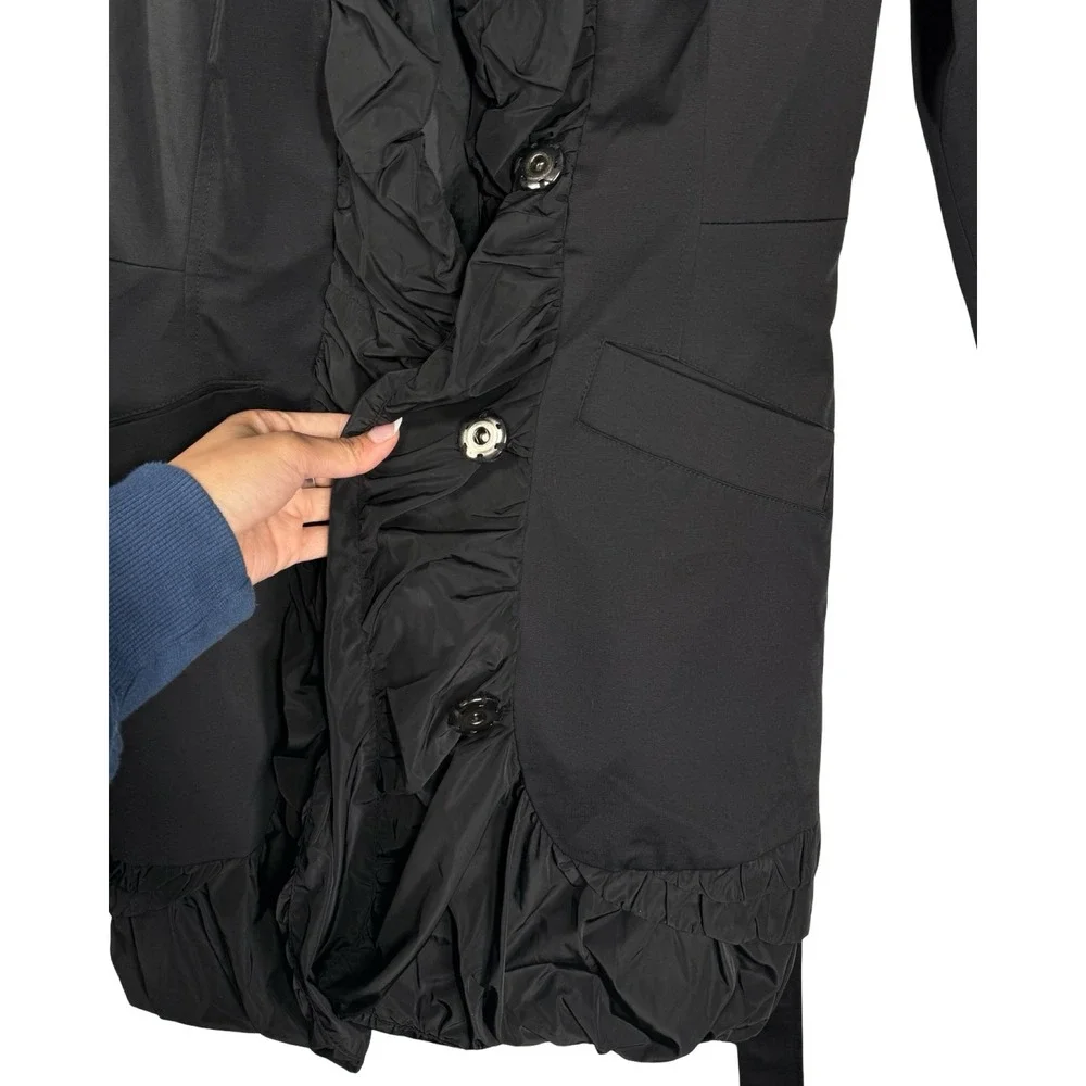 Blanc Noir Womens Black Ruffle Trim Trench‎ Coat Jacket SAM384 Medium
